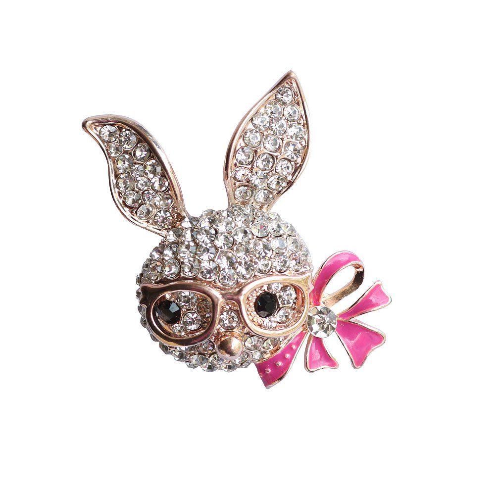 

Women's Shiny Rhinestone Rabbit Brooch with Rosered Enamel Bow, Golden brown