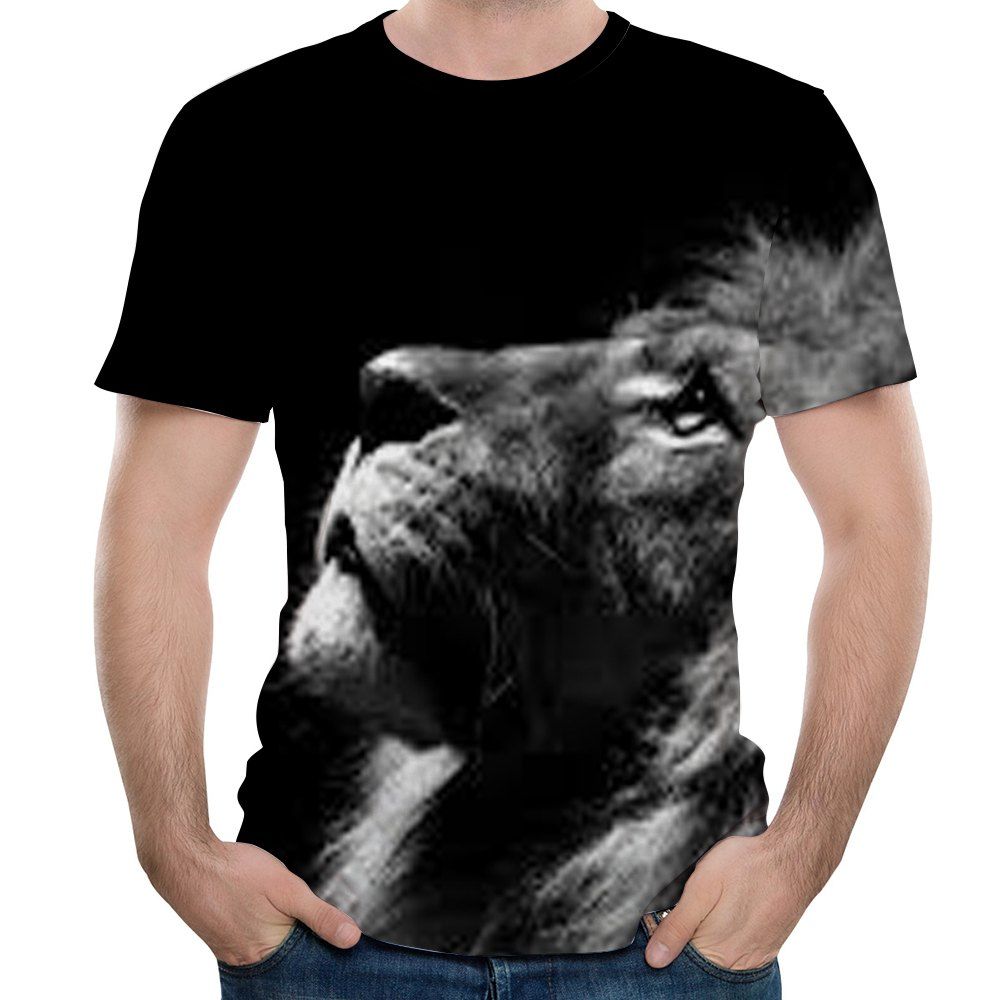 

2018 New 3D Lion Head Print Men's Round Neck T-Shirt, Natural black