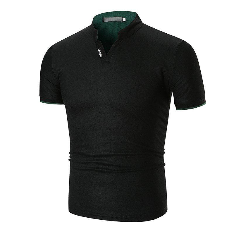 

Summer New Solid Color Cuff Stripe Collar Half Collar Polo Shirt, Black