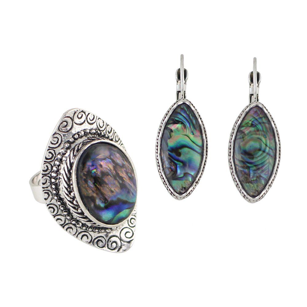 

Colorful Shell Craved Finger Ring and Hoop Earrings, Silver
