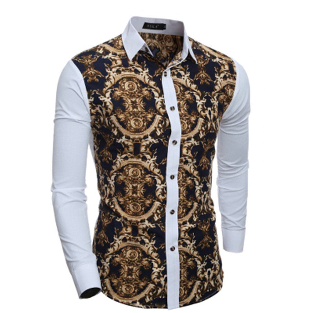 

New 3D Vintage Print Men's Casual Slim Long-Sleeve Shirt, White