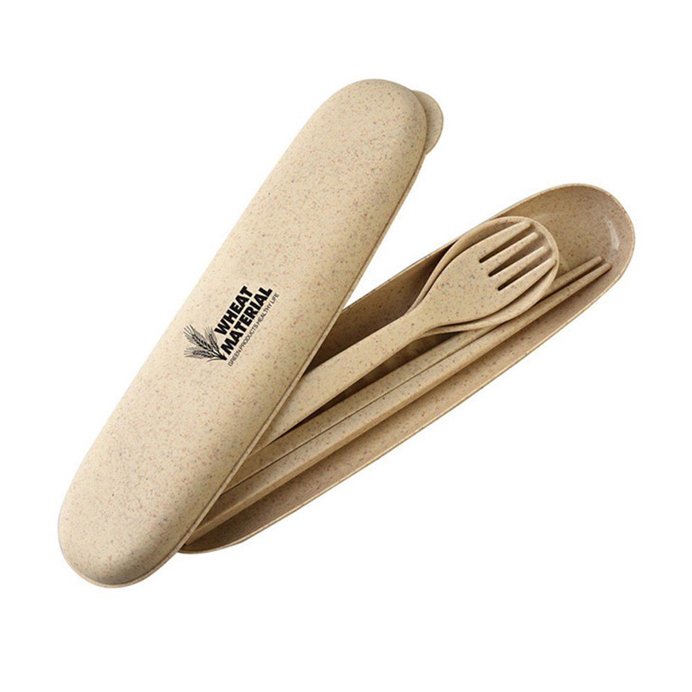 

3 PCS Portable Eco-friendly Wheat Straw Outdoor Travel Flatware Set, Warm white;pink;white;blue;green