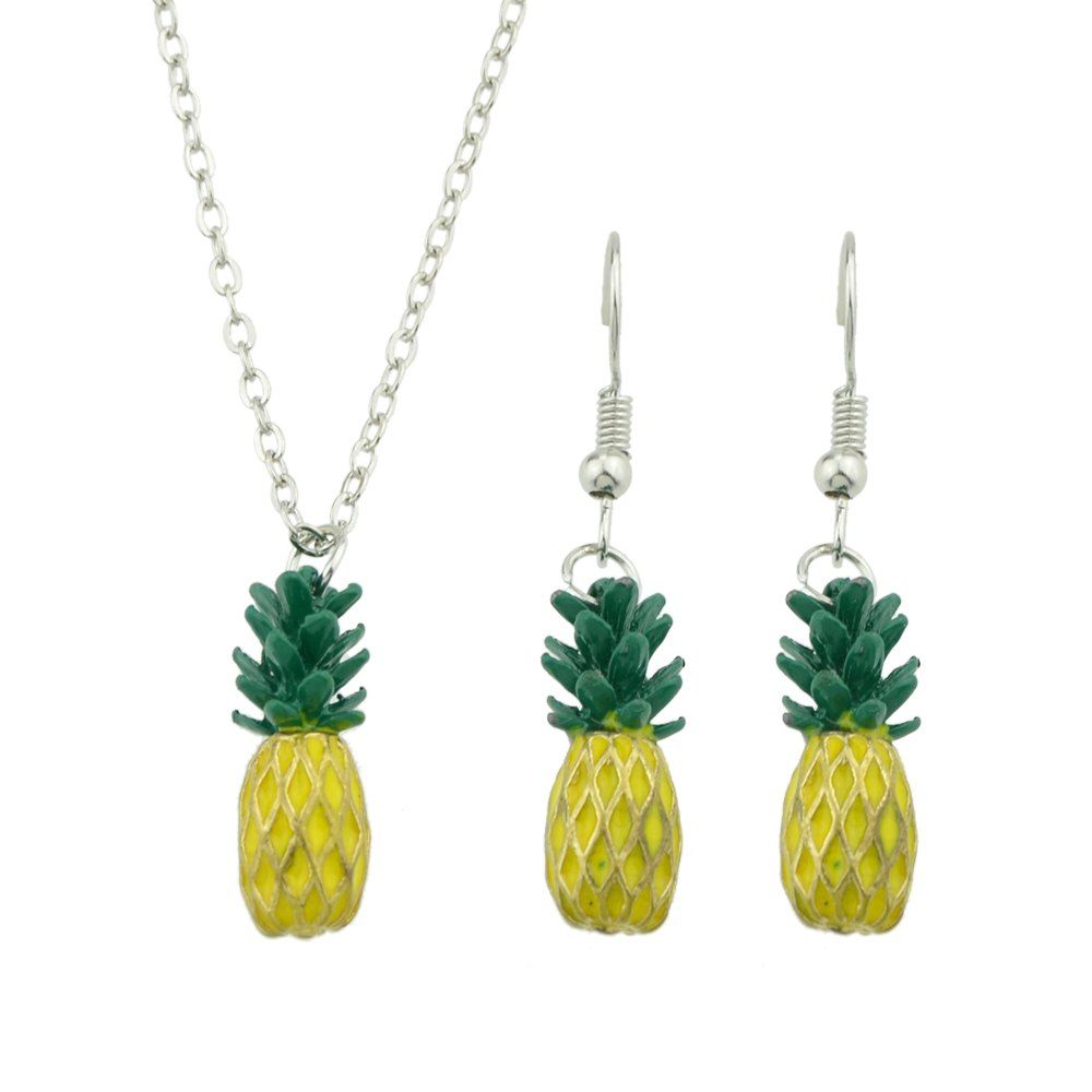 

Green Yellow Enamel Pineapple Pendant Necklace and Earrings, Harvest yellow