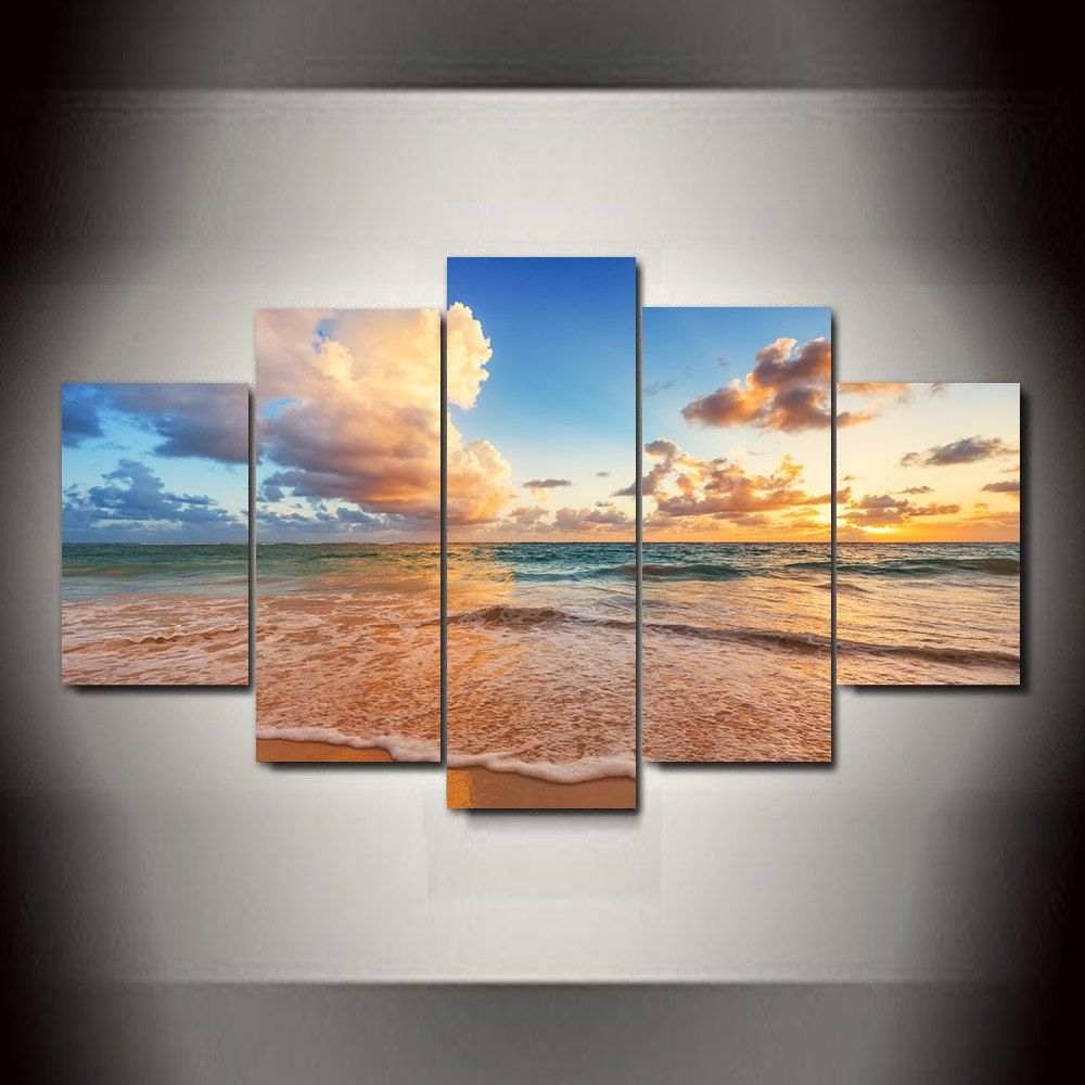 

Blue Sea Beach Frameless Printed Canvas Art Print 5PCS, Multi-a