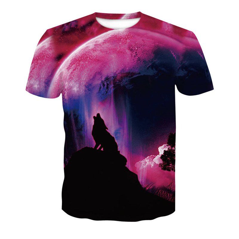

3D Blood Wolf Print Men's Casual Short Sleeve Graphic T-shirt, Maroon