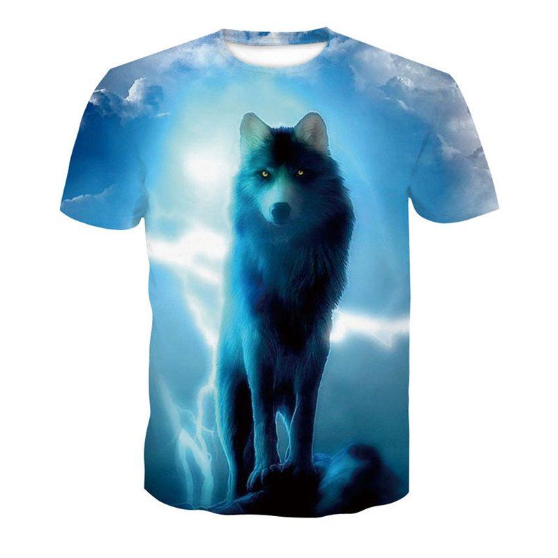 

Wolves 3D Print Men's Casual Short Sleeve Graphic T-shirt, Sea blue