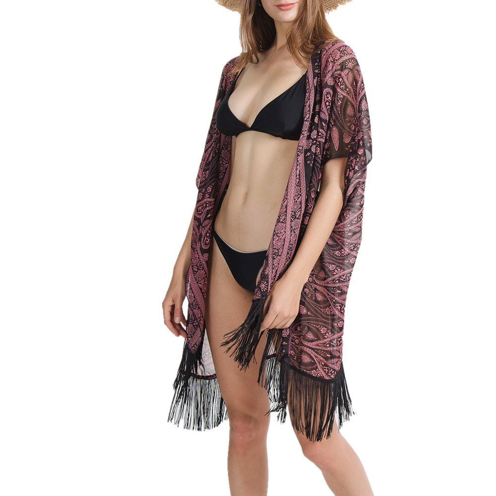 

Summer Floral Chiffon Kimono Cardigan Sun Protection Beach Bikini Scarves Shawls, Red wine