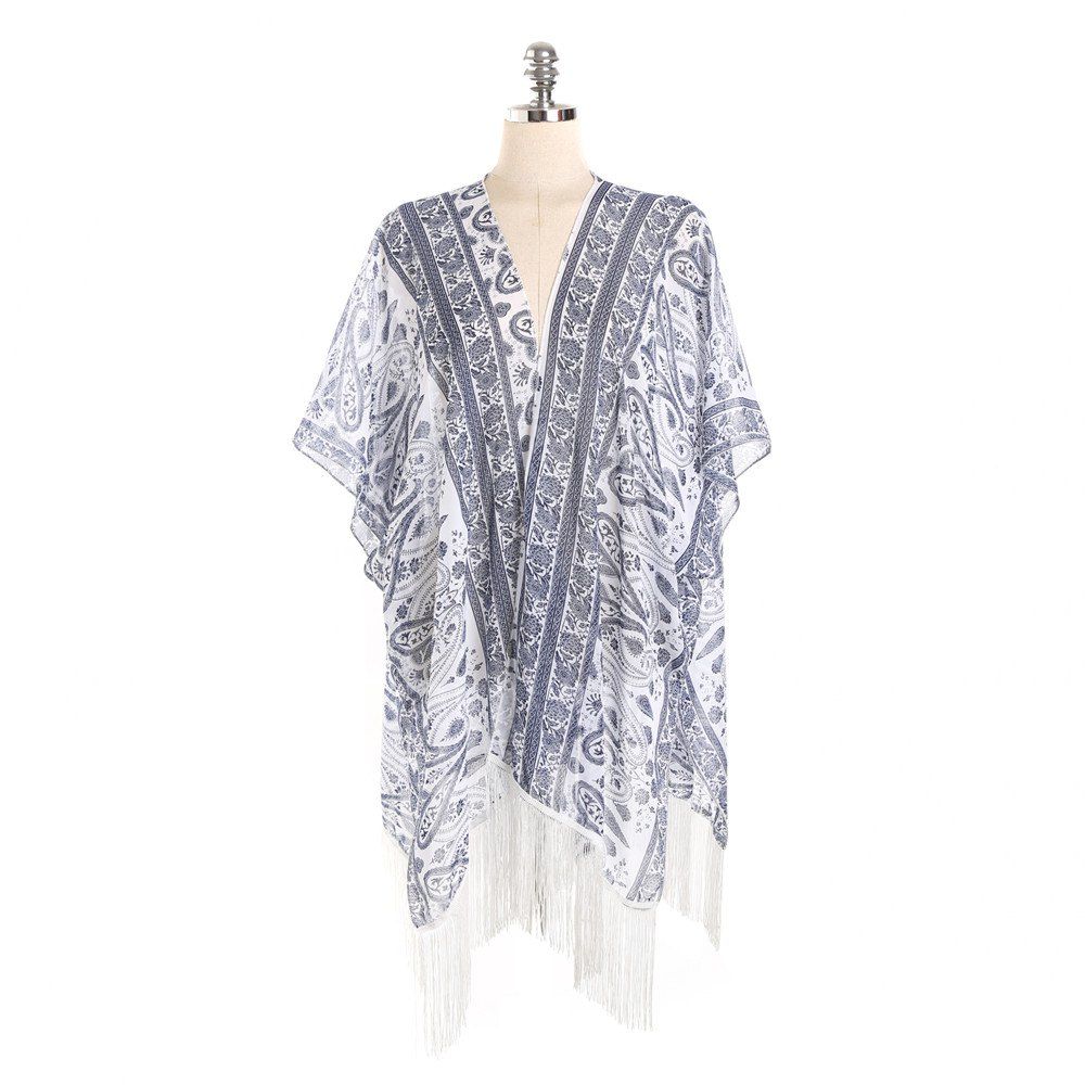 

Summer Floral Chiffon Kimono Cardigan Sun Protection Beach Bikini Scarves Shawls, White