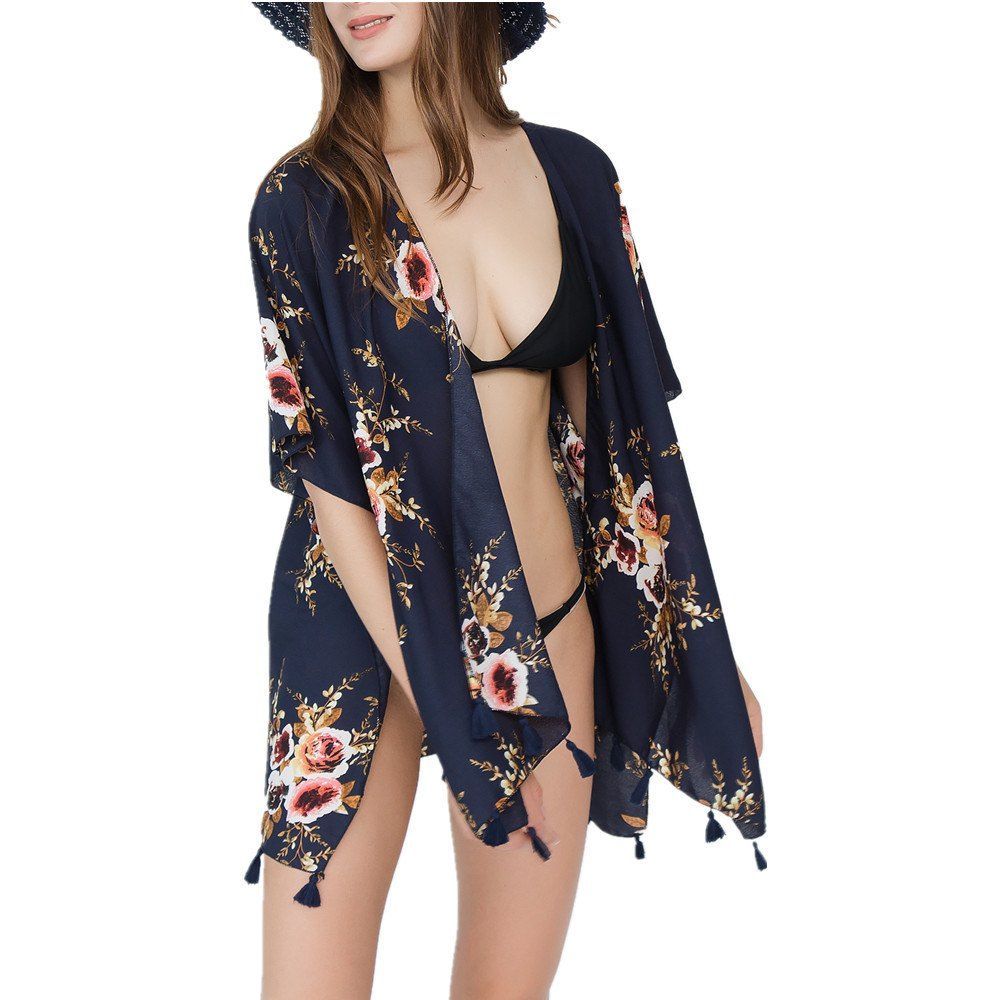 

Women Chiffon Shirt Bikini Blouse Floral Printed Beachwear Scarves Shawls, Cadetblue