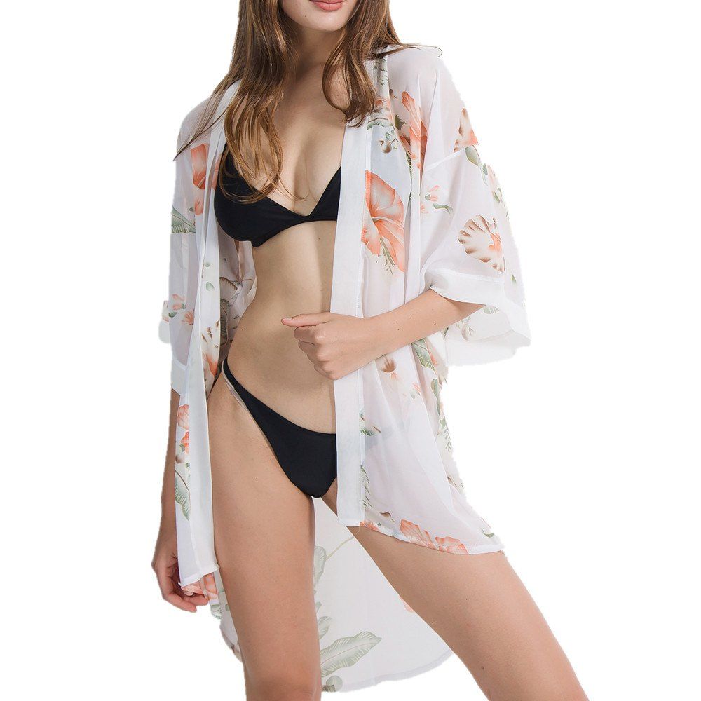

Women Summer Beach Kimono Cardigan Floral Print Chiffon Loose Scarves Shawls, White