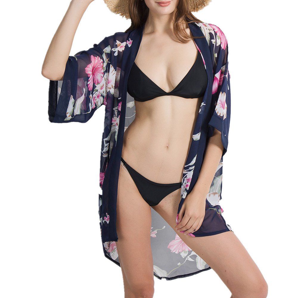 

Women Summer Beach Kimono Cardigan Floral Print Chiffon Loose Scarves Shawls, Cadetblue