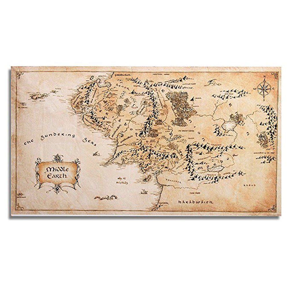 

Silk Fabric Home Decor Middle-Earth World Map Wall Sticker, Camel brown