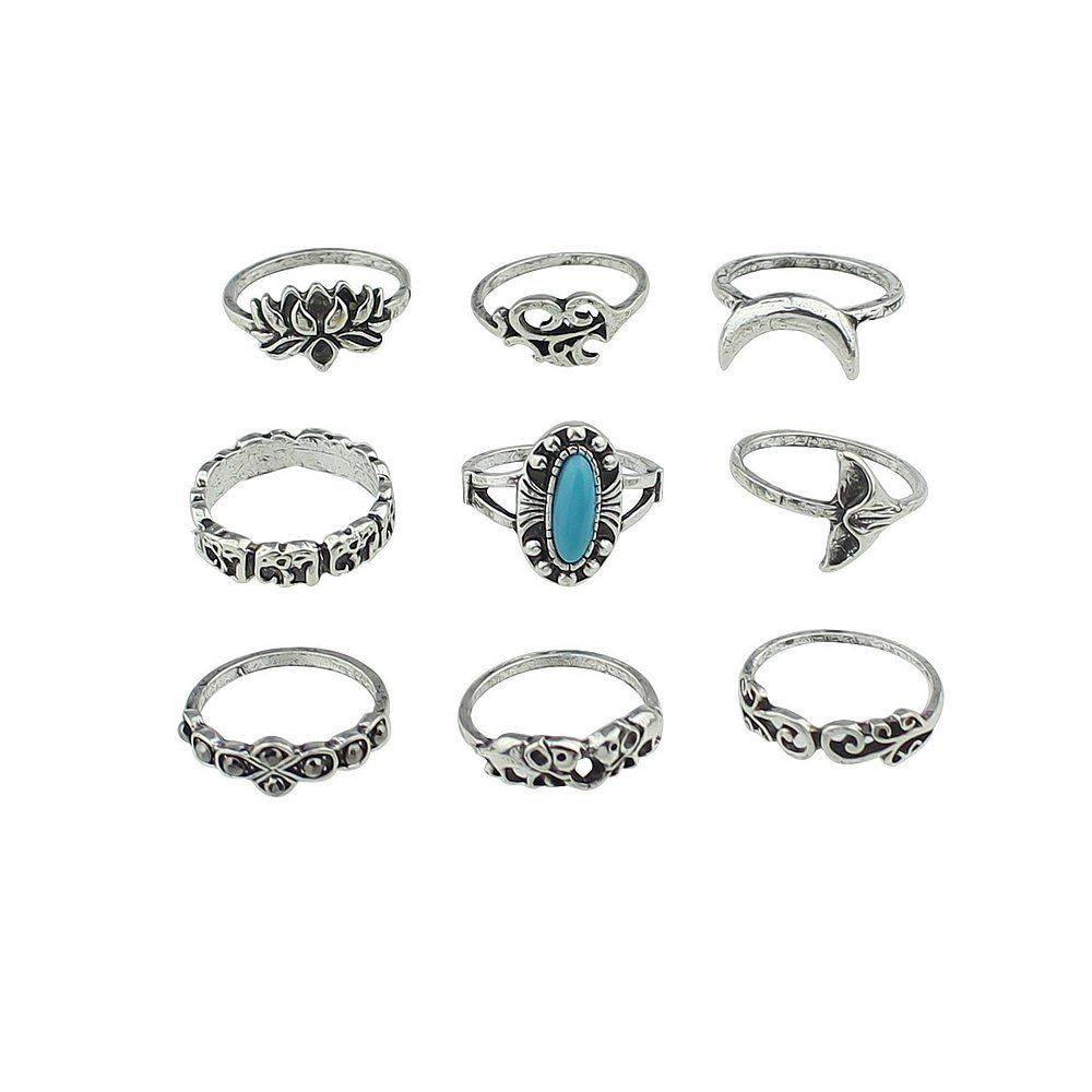 

9 Pcs Geometric Elephant Lotus Flower Pattern Rings, Silver