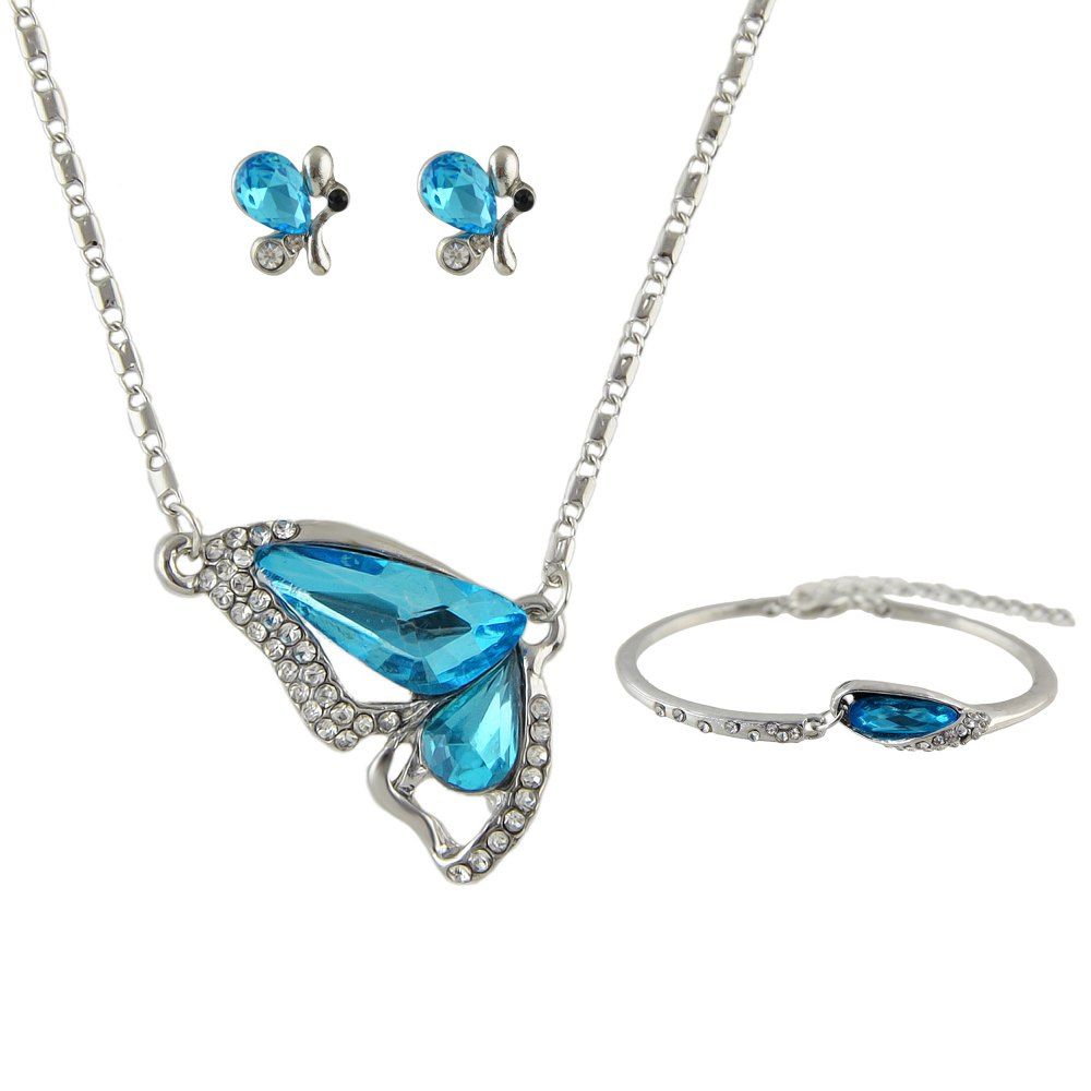 

Rhinestone Blue Crystal Butterfly Pendant Necklace Earrings Bracelet, Silver