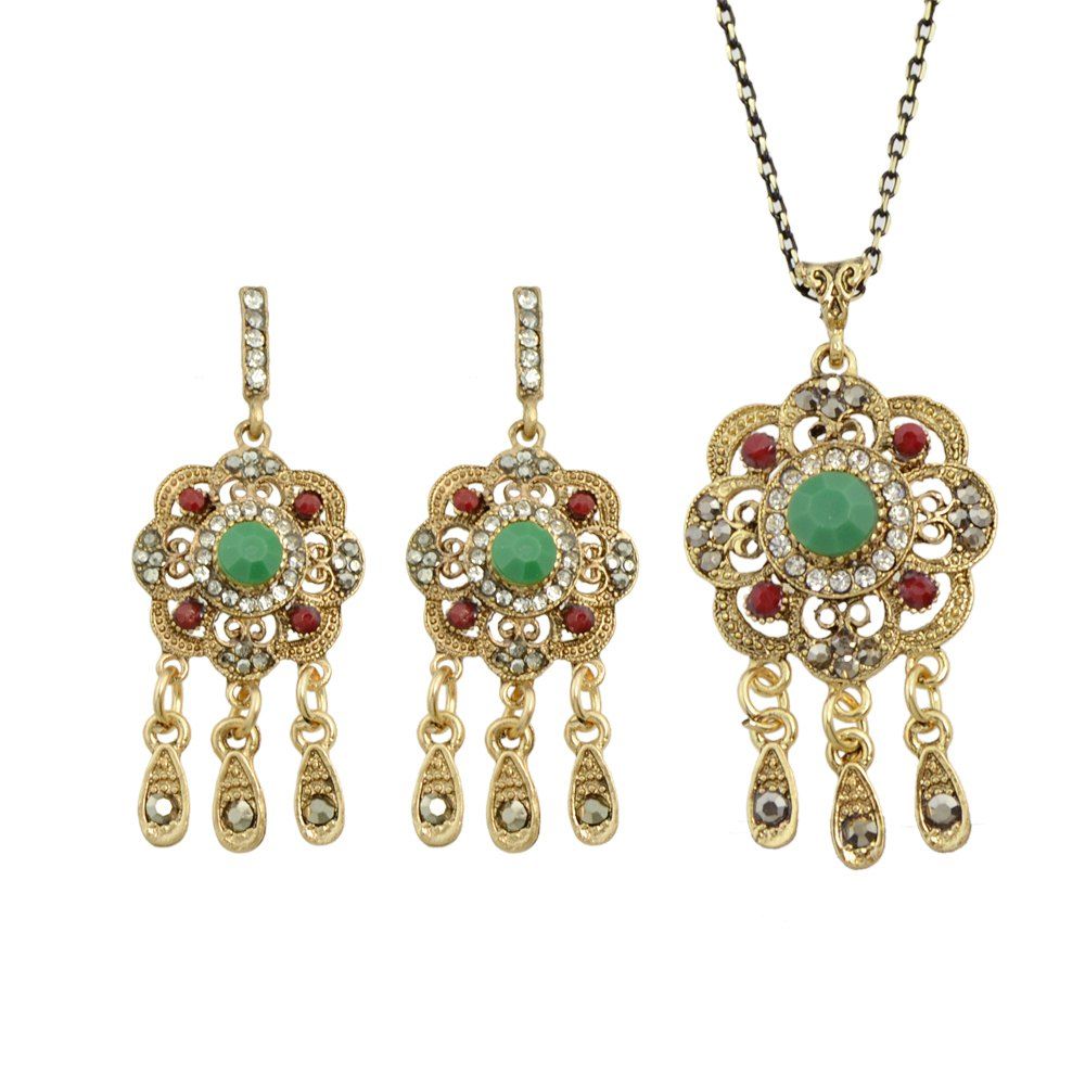 

Flower Pattern Geometric Collar Long Chain Necklace Earrings, Green onion