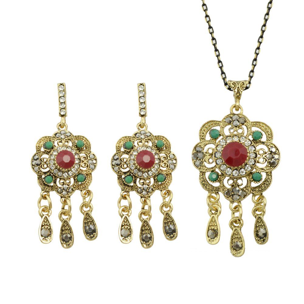 

Flower Pattern Geometric Collar Long Chain Necklace Earrings, Chilli pepper