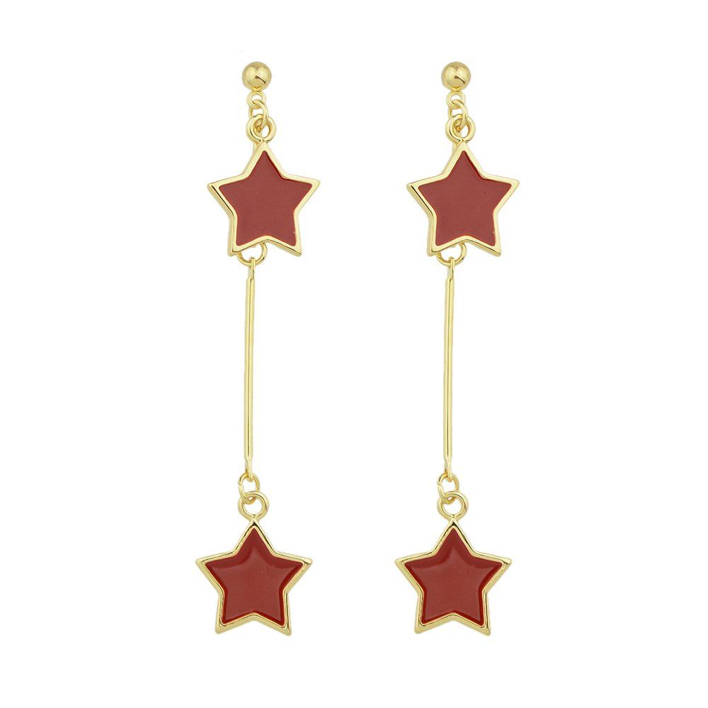 

Long Gold-color Chain with Red Enamel Star Earrings, Chilli pepper
