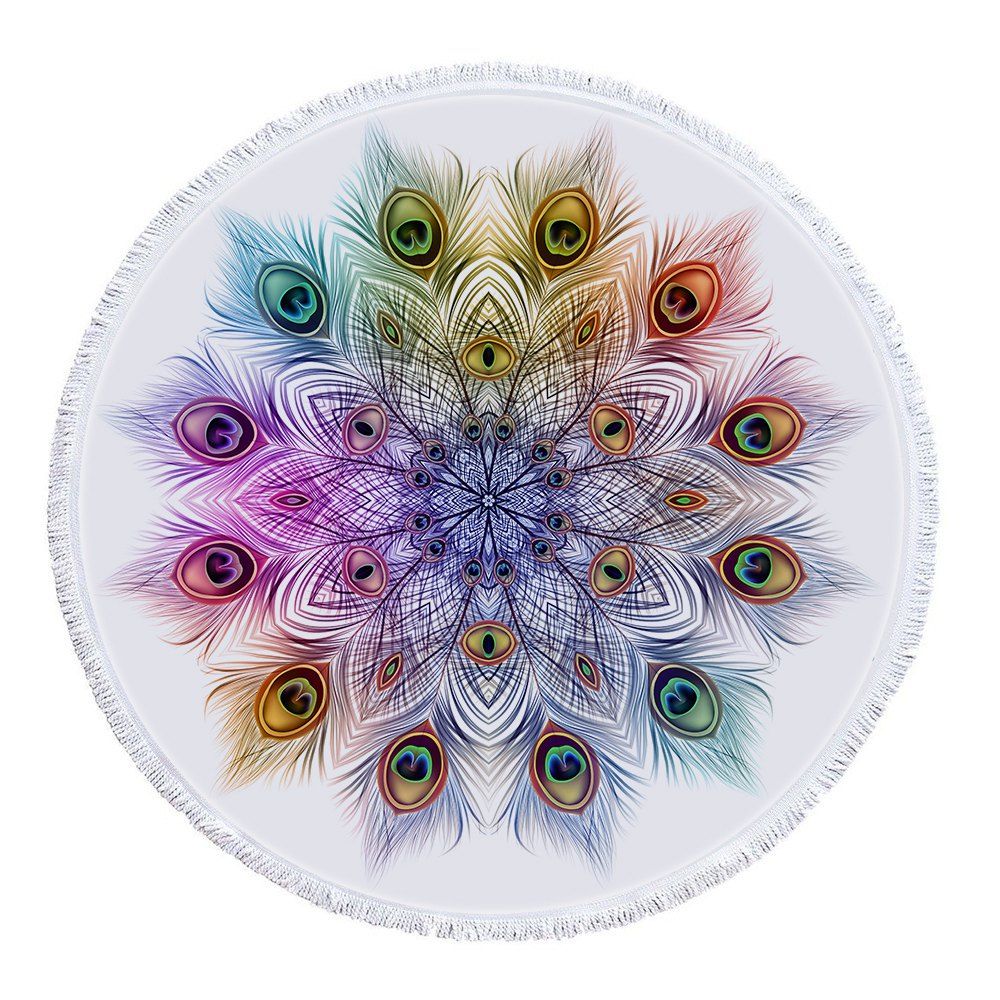 

Peacock Feathers Mandala Beach Towel with Microfiber Tassel, Multi-a