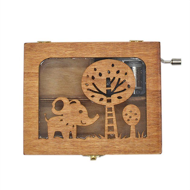 

Wooden Animal Pattern Hand Cranked Jewelry Music Box, Light brown