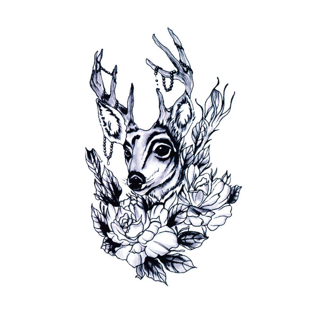 

Flower and Deer Pattern Durable Waterproof Non-toxic Temporary Tattoo, Natural black