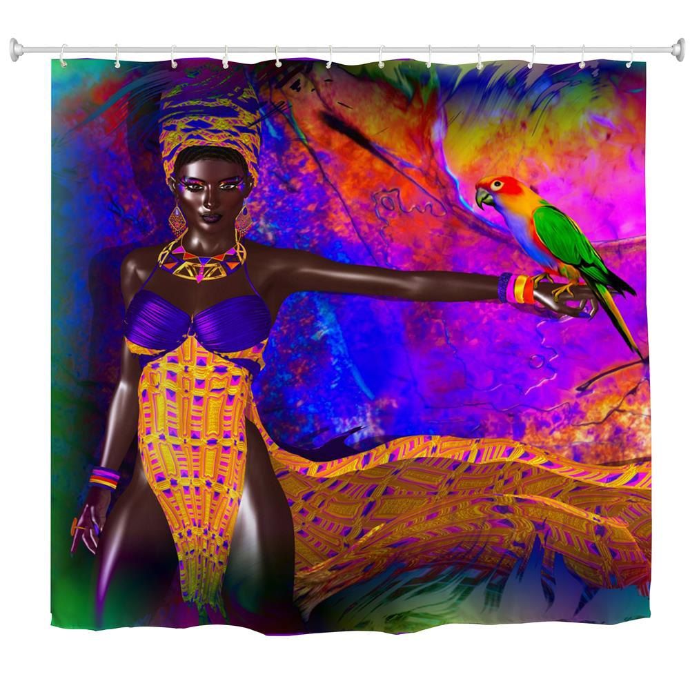 

Parrot African Woman Water-Proof Polyester 3D Printing Bathroom Shower Curtain, Multi-a