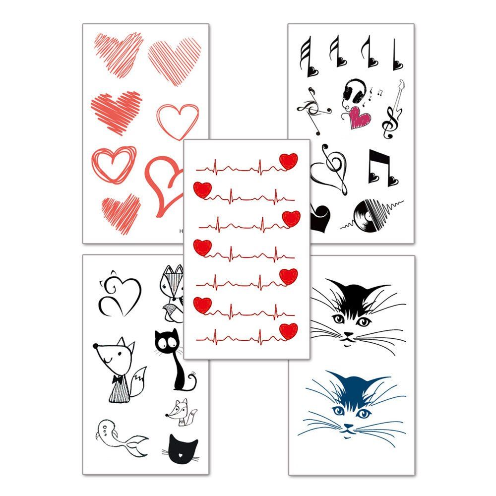 

Love Pattern Tattoo Sticker On Wrist Electrocardiogram Behind Ear 5PCS, Multi