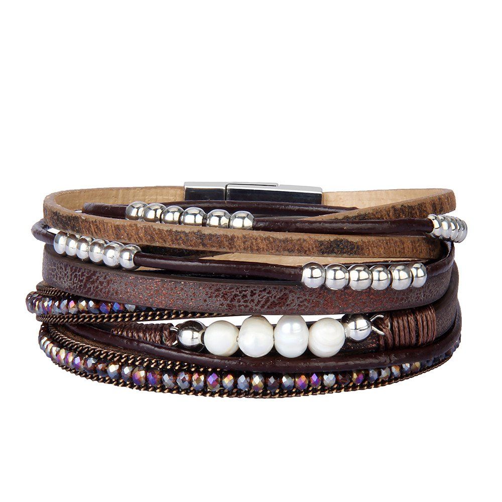 

Fashion Accessories Multi - Layer Leather Pearl Crystal Bracelet, Coffee