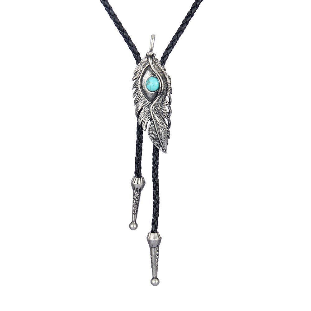 

Fashion Accessories Eagle Eye Feather with Turquoise Woven Rope Necklace, Silver