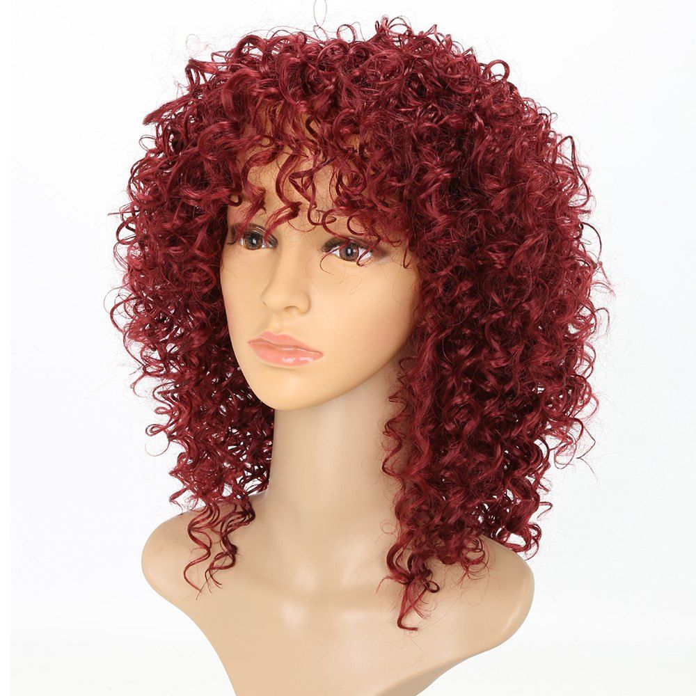 

Short Afro Curly Synthetic Hair with Bang for Afircan American 4 Colors, Red wine