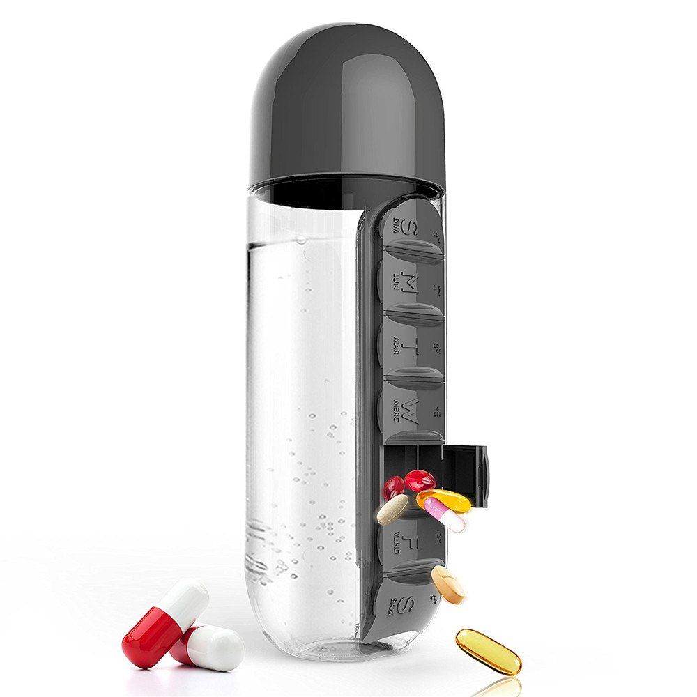 

600ml Sport Water Bottle With Built-in Daily 7 Daily Pill Box Vitamin Organizer, Black