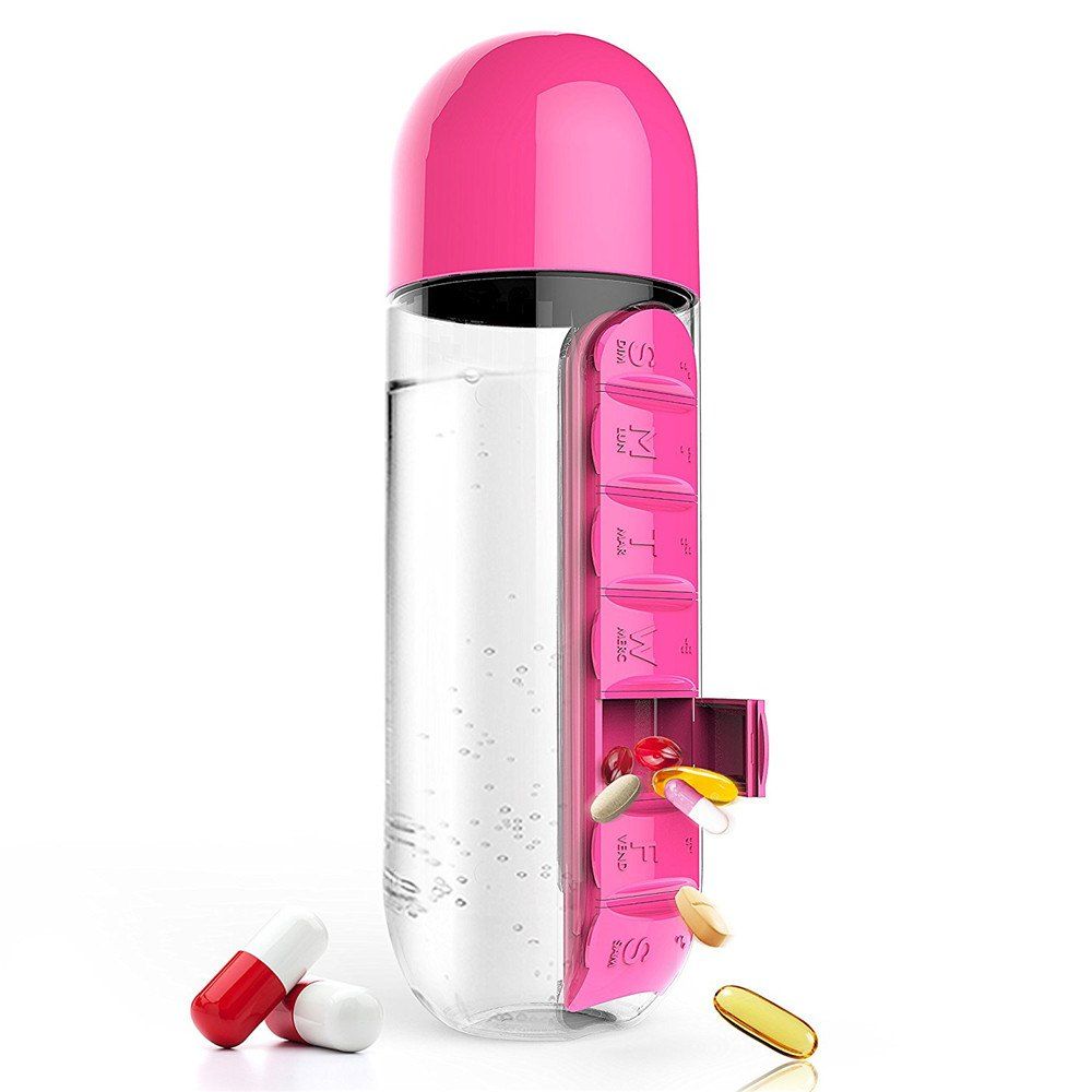 

600ml Sport Water Bottle With Built-in Daily 7 Daily Pill Box Vitamin Organizer, Pink