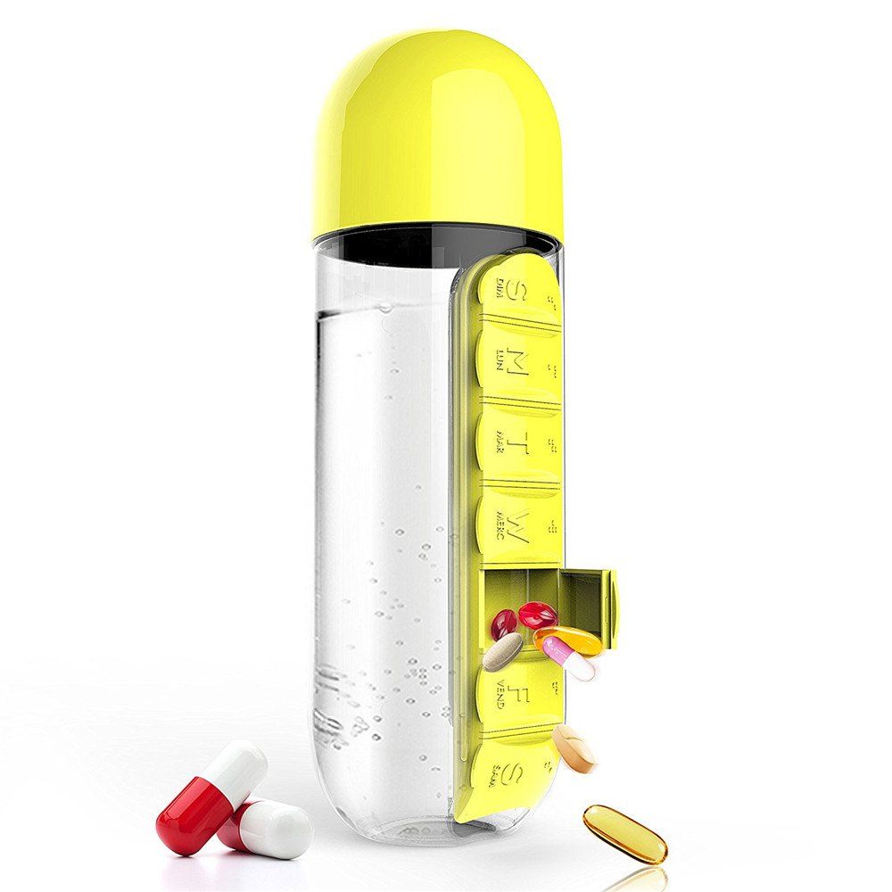 

600ml Sport Water Bottle With Built-in Daily 7 Daily Pill Box Vitamin Organizer, Yellow