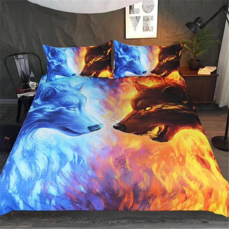 

3D Ice Wolf Blue Yellow Bedding Three-Piece Bedding Set, Multi-c