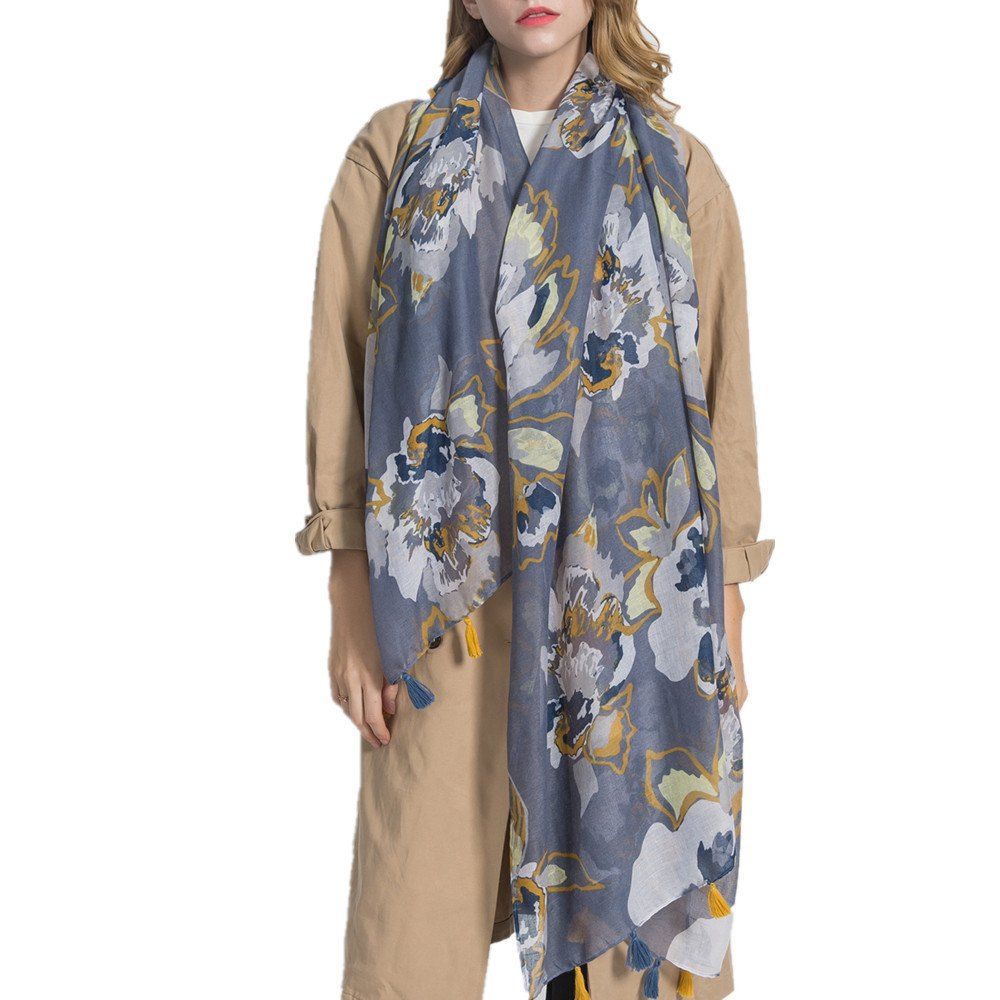 

Lightweight Shawl Scarf Floral Print Cotton and Linen Beach Wraps for Women, Slate gray