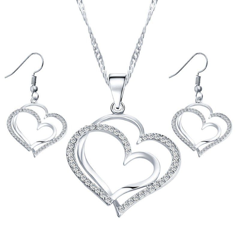 

Jewelry Set Double Heart Earring Necklace, Silver