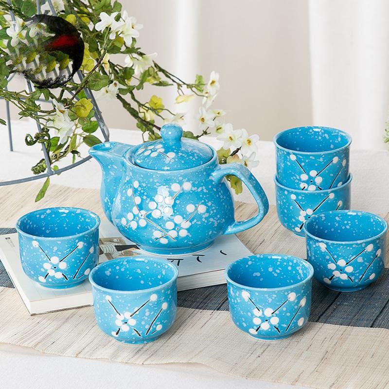 

7PCS Sweet Floral Hand Painted Ceramic Teapot Set, Dodger blue;pink;blue;green
