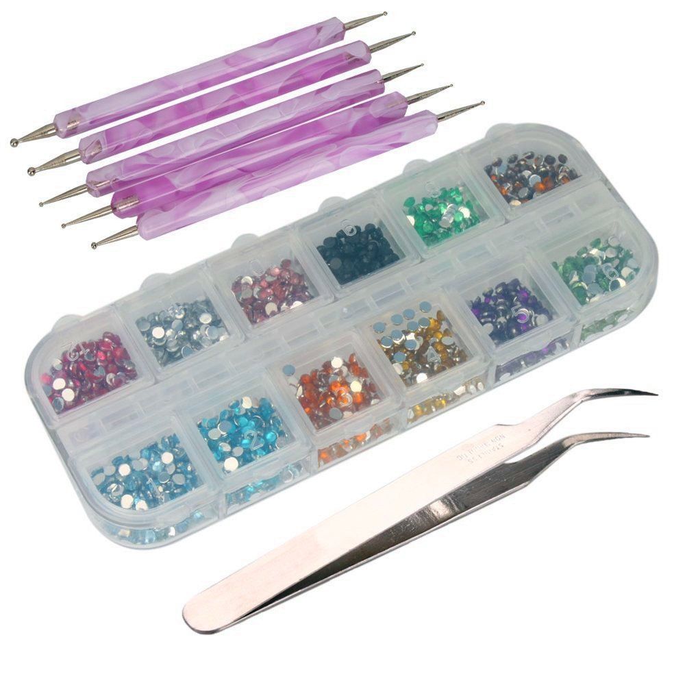 

Tweezers 5PCS Fingernail Pen and 12 Colorful Nail Glitter Powder Rhinestones, Mauve