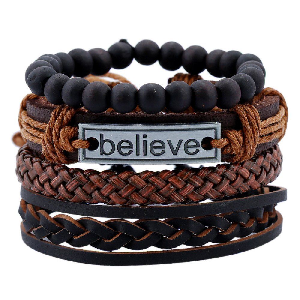 

YEDUO 4 Pieces Beads Braided Leather Believe Charm Bracelet For Men, Deep coffee