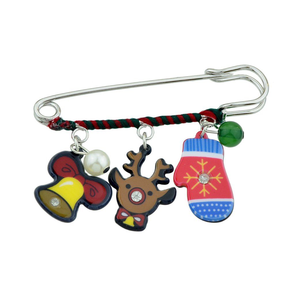 

Colorful Bell Elk Gloves Christmas Brooch, Multi
