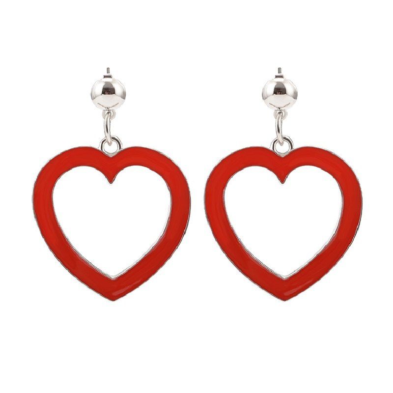 

Bright Red Exaggerated Temperament Heart Shape Long Style Earrings, Silver