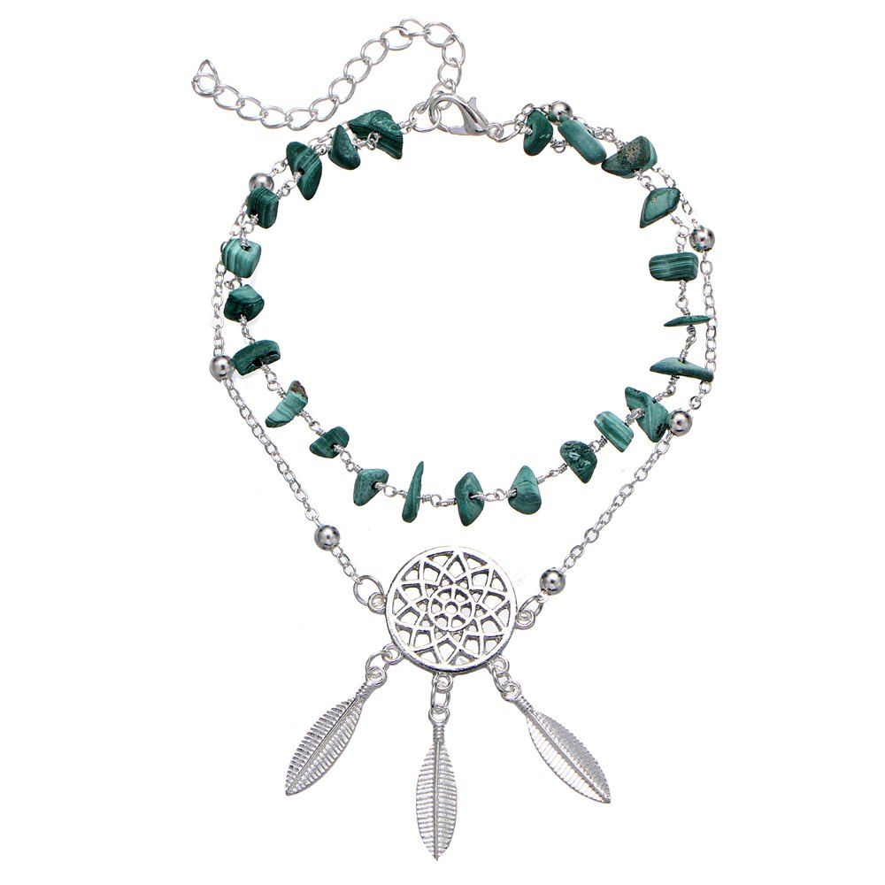 

Hollow Dream Catcher Turquoise Bracelet Feather Pendant Anklet, Silver