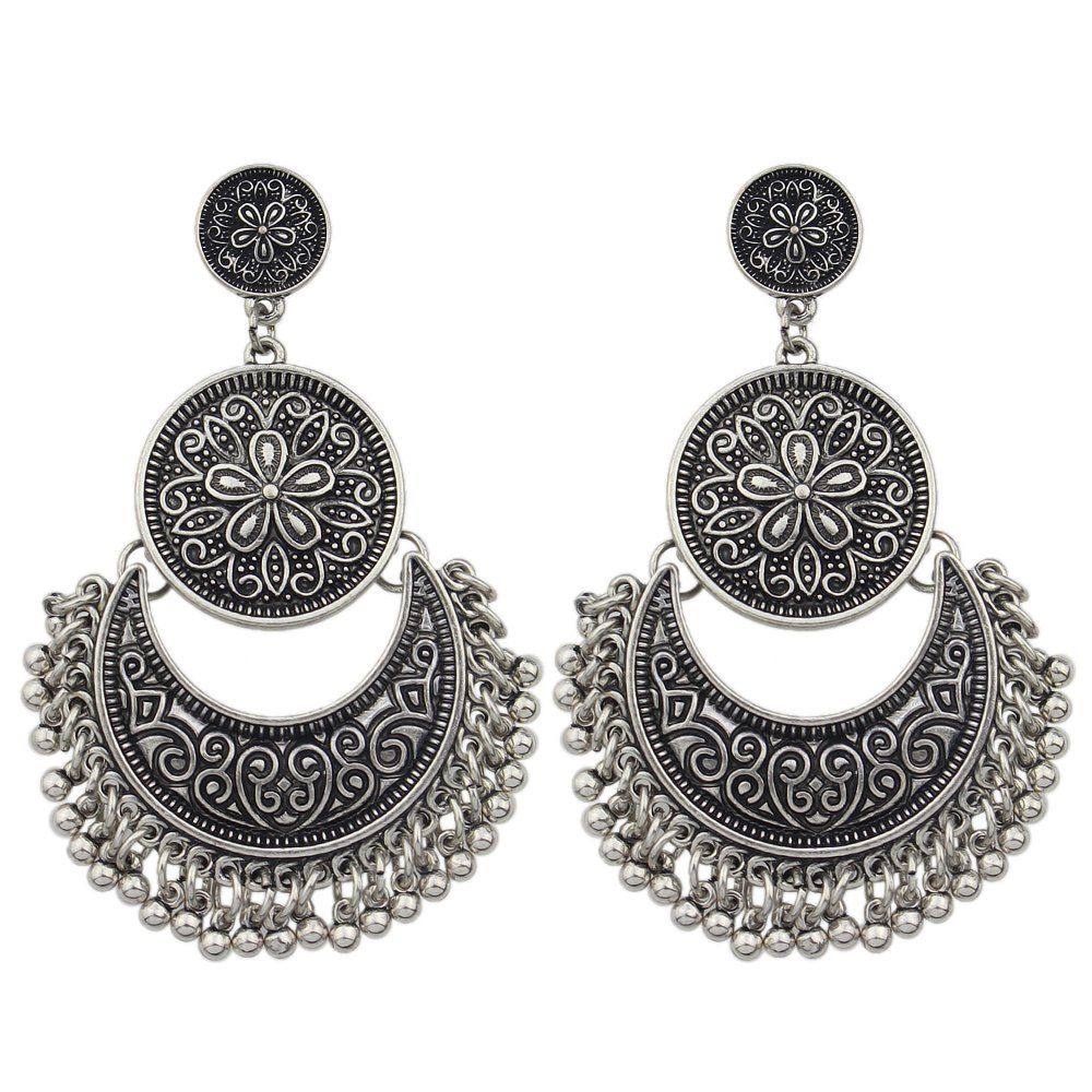 

Big Geometric Ethnic Statement Earrings, Silver