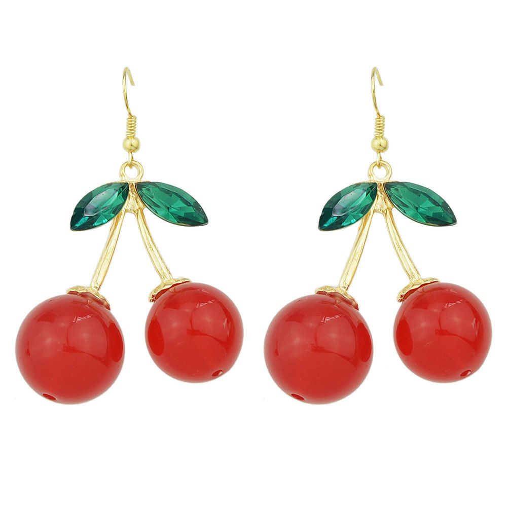 

Green Crystal Red Beads Cherry Dangle Earrings, Multi