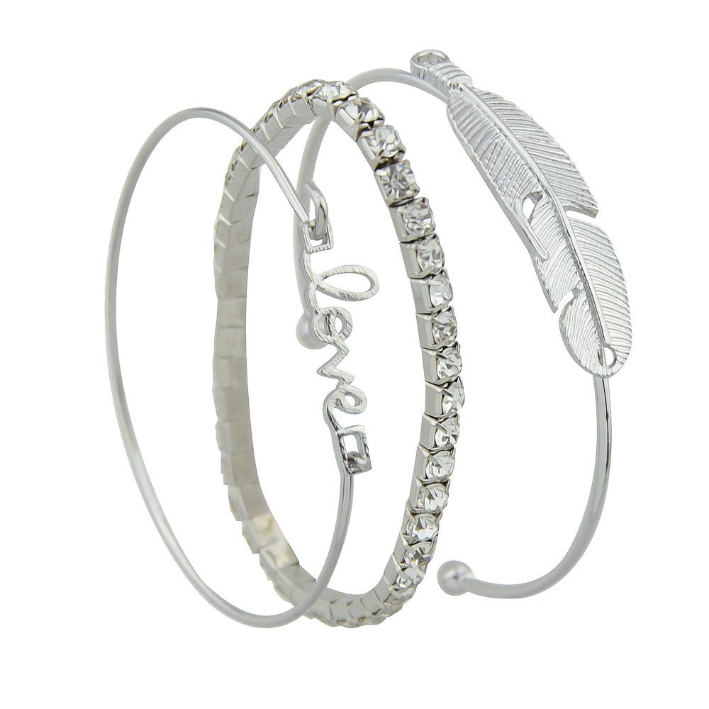 

3pcs Silver Color with Rhinestone Feather Bracelet