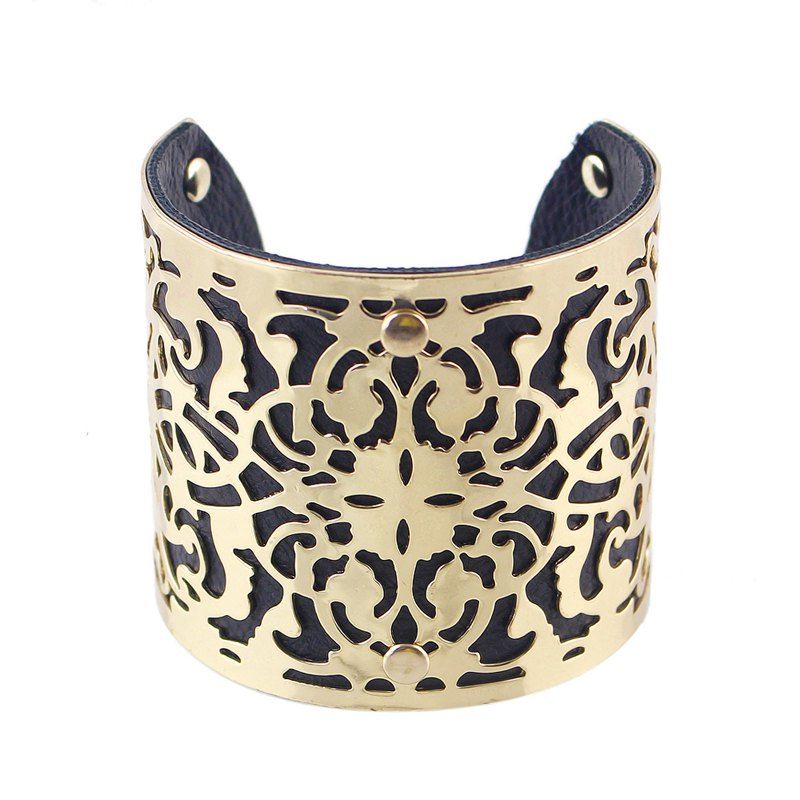 

PU Leather Gold-color Hollow Out Punk Rock Cuff Bracelets, Black