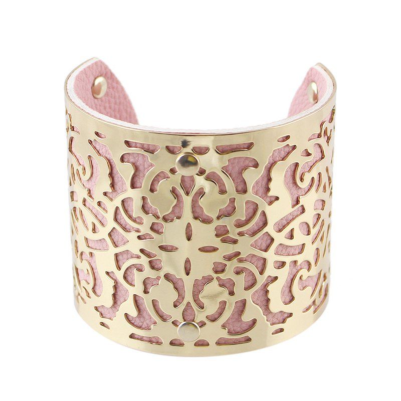 

PU Leather Gold-color Hollow Out Punk Rock Cuff Bracelets, Light pink