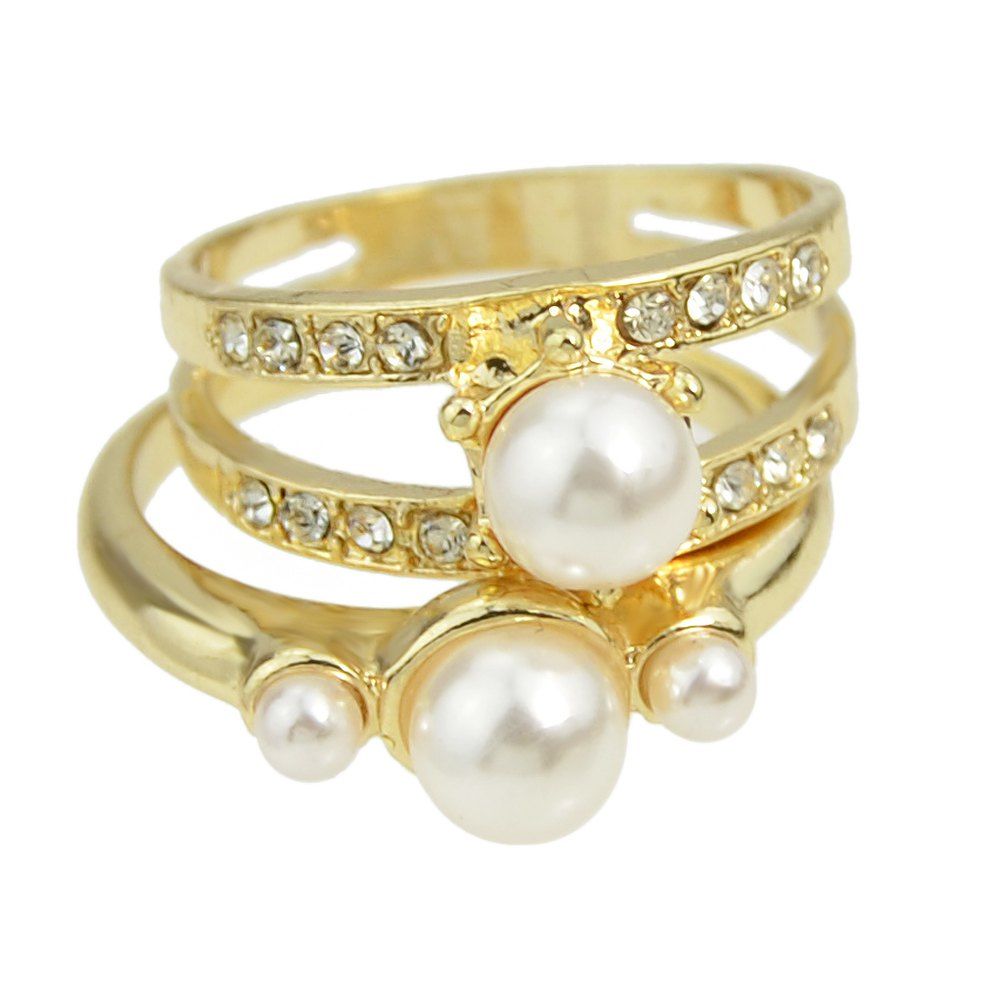 

2pcs Gold-color with Rhinestone Simulated-pearl Finger Rings