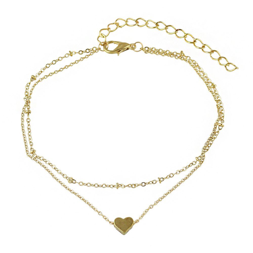

Multi Layer Chain Heart Charm Anklets, Gold