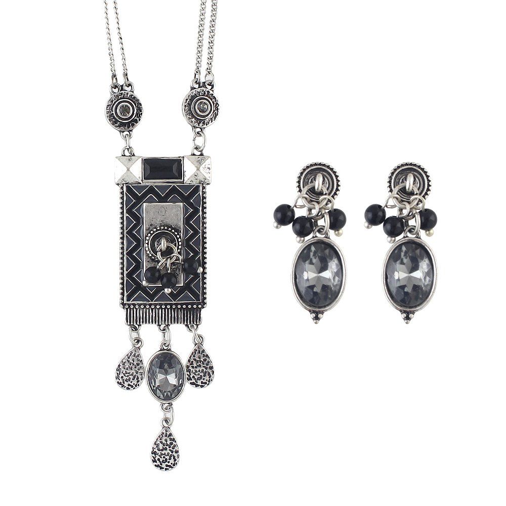 

Long Multilayer Geometric Pendant Necklace Water Drop Earrings, Silver