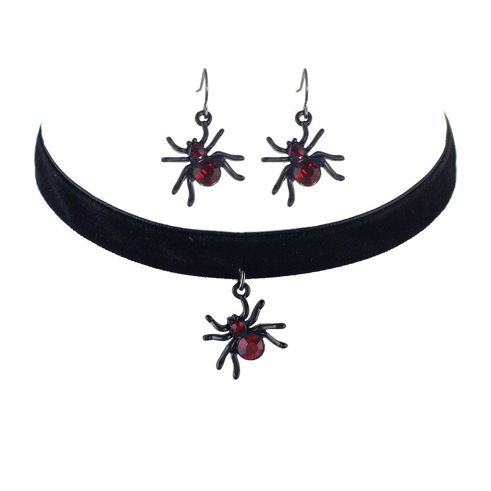 Shops Red Rhinestone Spider Pendant Necklace and Drop Earrings  